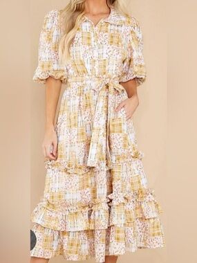 Just Me Yellow Plaid & Floral Puff-Sleeve Dress